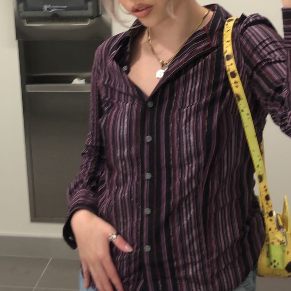 PURPLE GLITTER STRIPED FITTED BUTTON UP y2k 2000s vintage